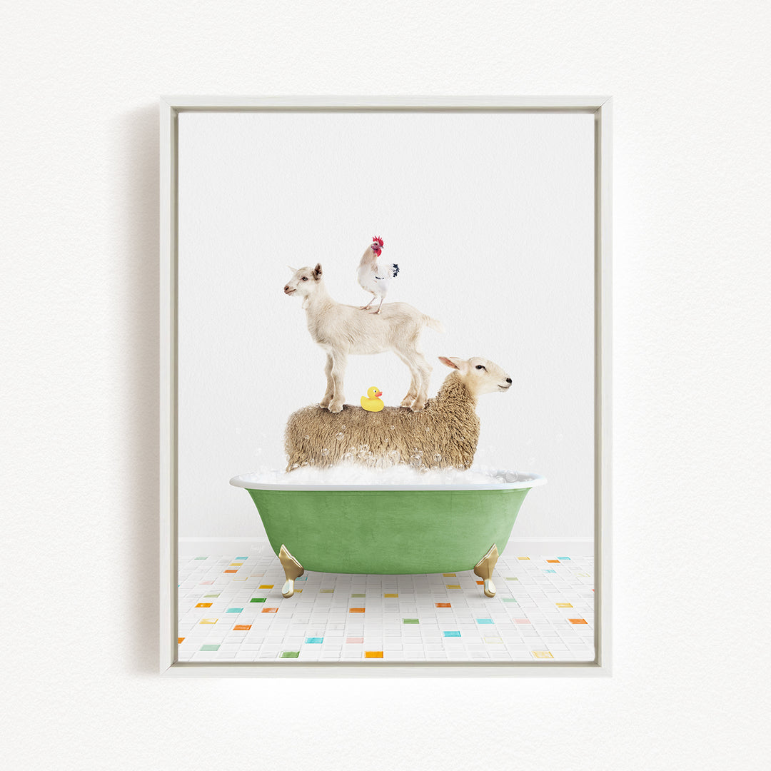 A framed image depicting a sheep standing on a tub filled with bubbles, with a chicken perched on top of the sheep.