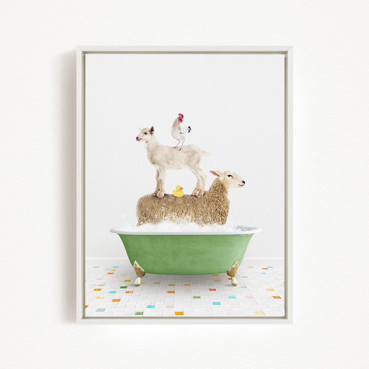 A framed image depicting a sheep standing on a tub filled with bubbles, with a chicken perched on top of the sheep.