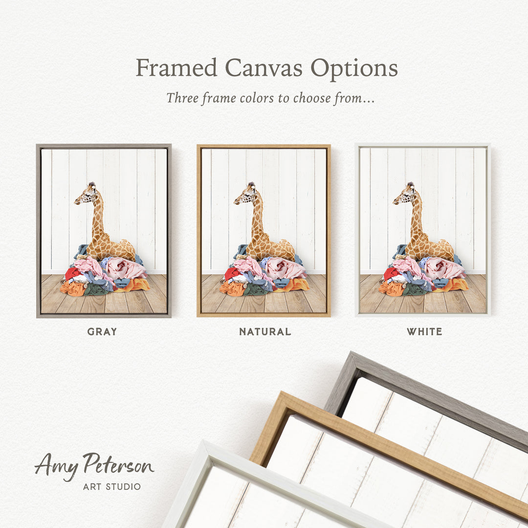three framed canvas options, each featuring a giraffe in a different color: gray, natural, and white.