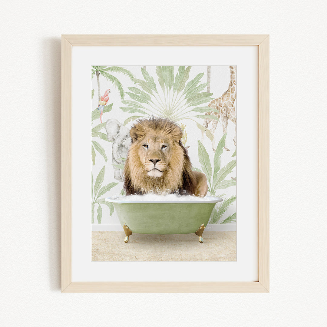 A framed image depicting a lion sitting in a green bathtub, surrounded by tropical foliage and animals.