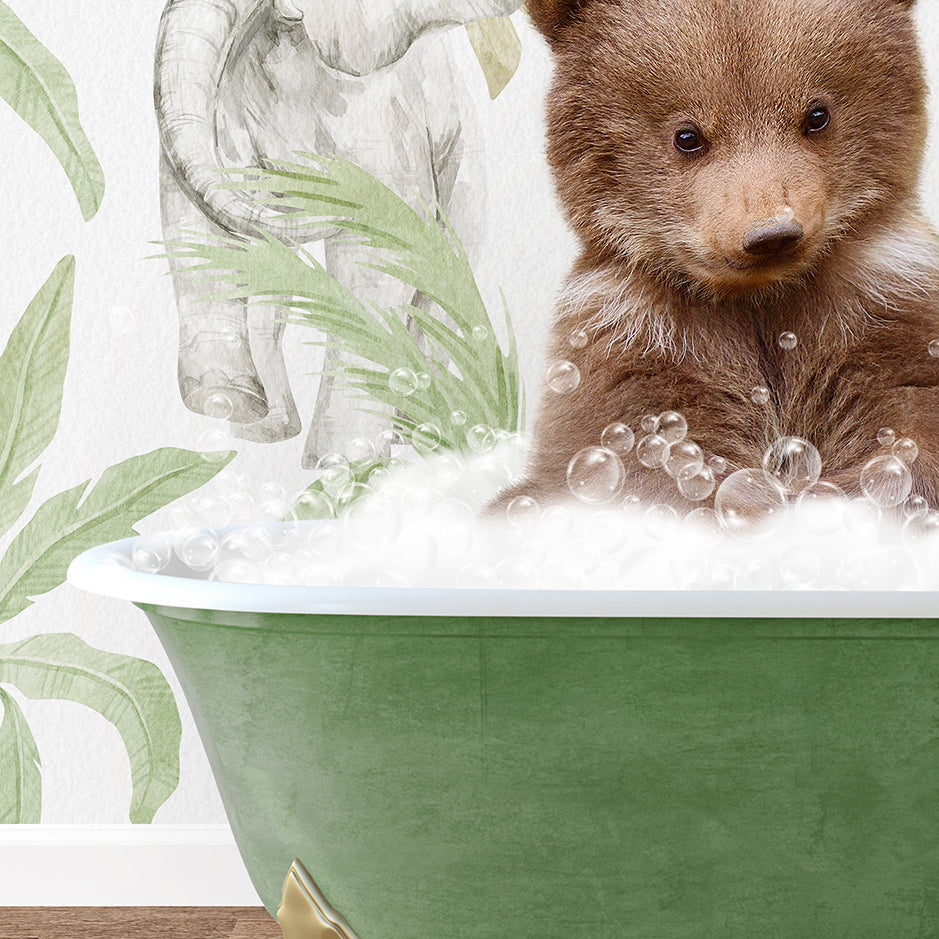 a brown bear sitting in a bath tub filled with bubbles