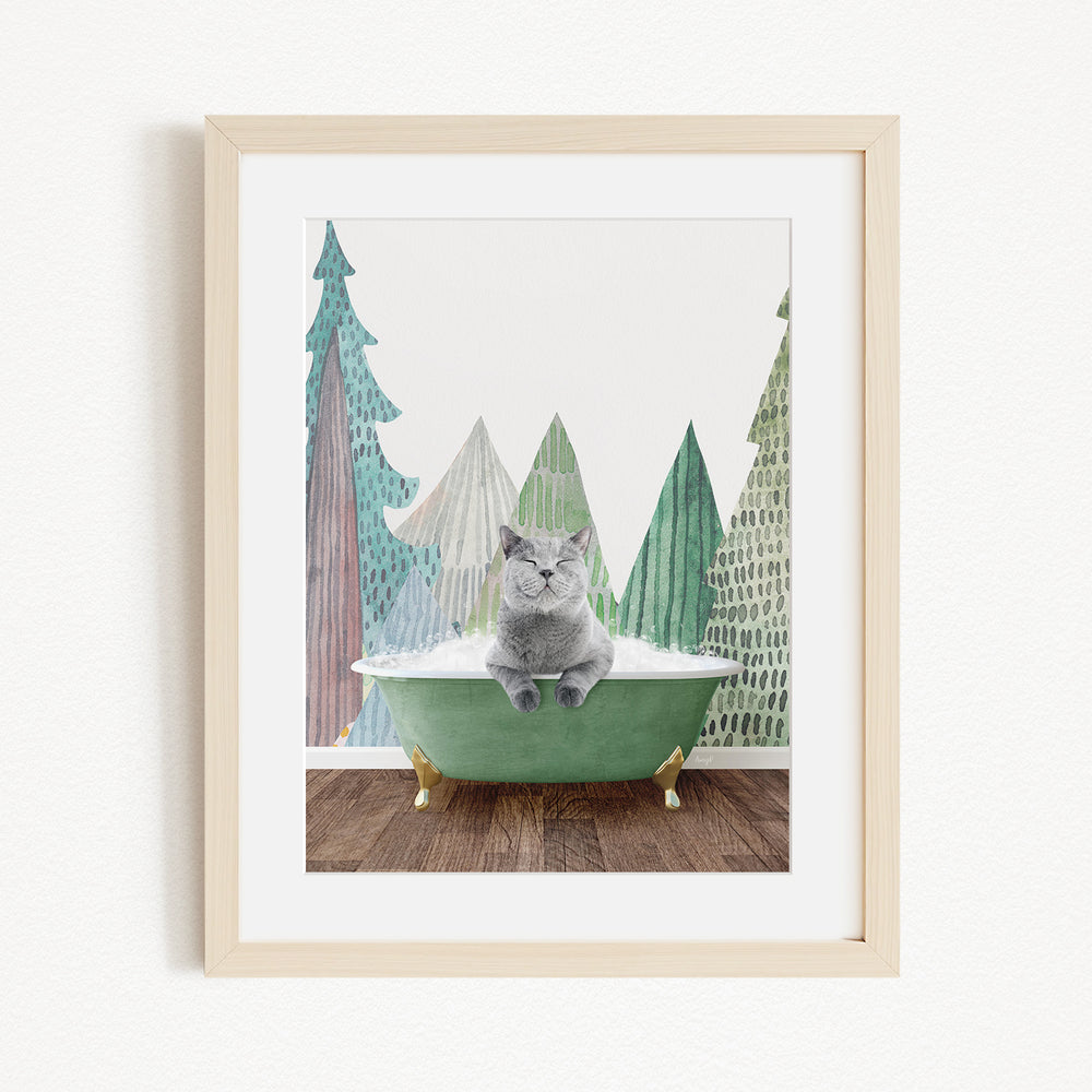 A gray cat sitting in a green bathtub, surrounded by stylized trees in various shades of green and brown.