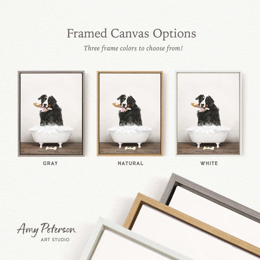 three framed canvas options for a photograph of a dog sitting in a bathtub. The options include a gray frame, a natural frame, and a white frame.
