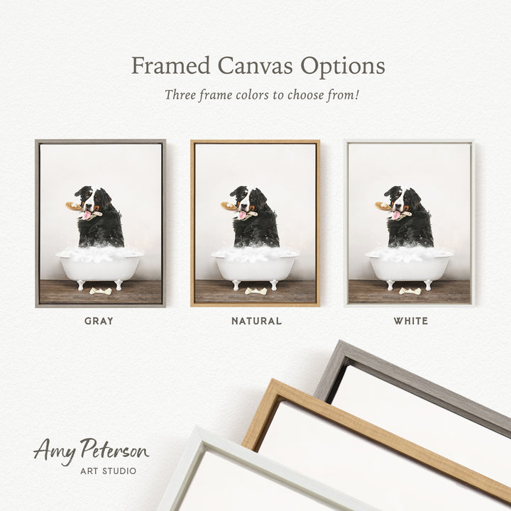 three framed canvas options for a photograph of a dog sitting in a bathtub. The options include a gray frame, a natural frame, and a white frame.