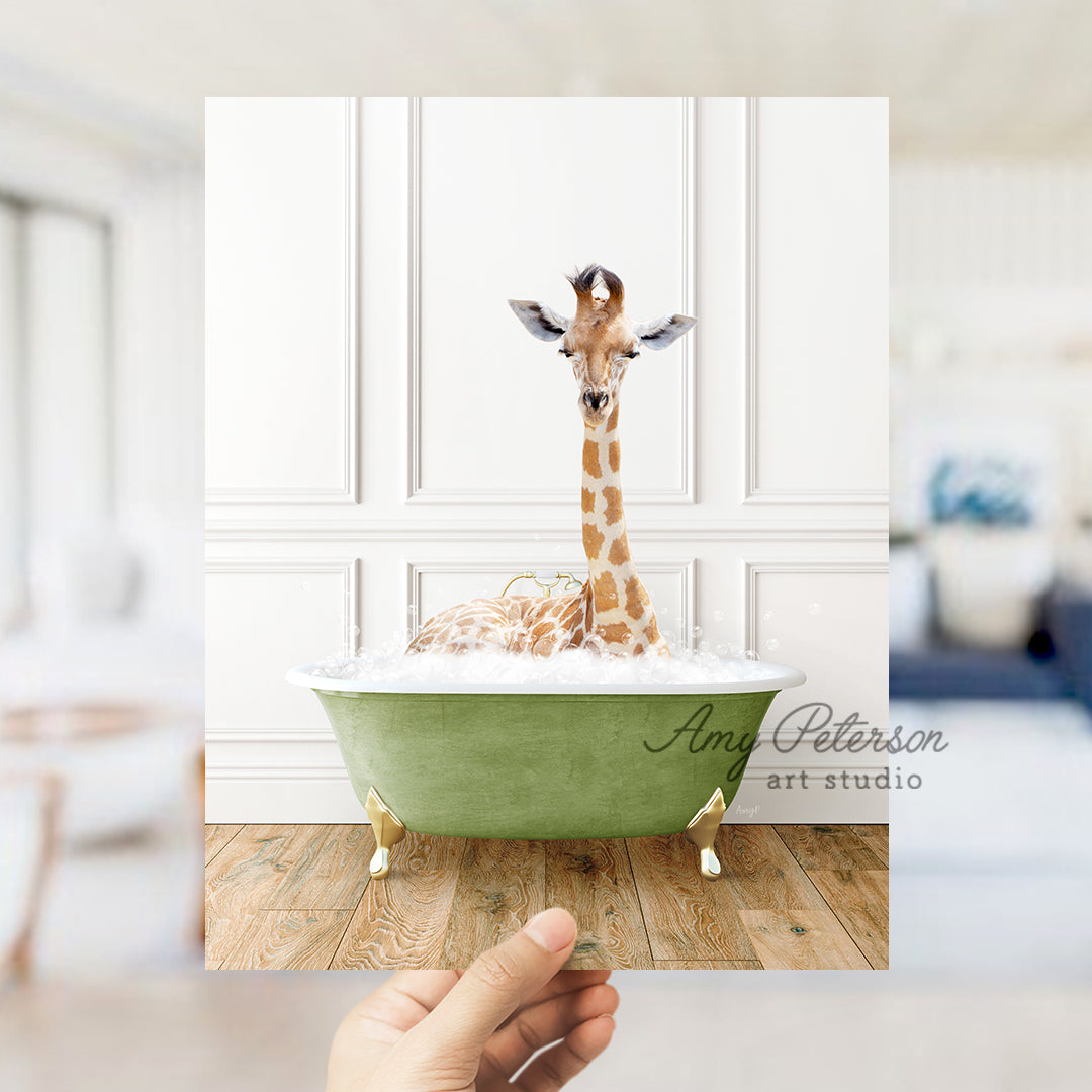 a giraffe is sitting in a bath tub