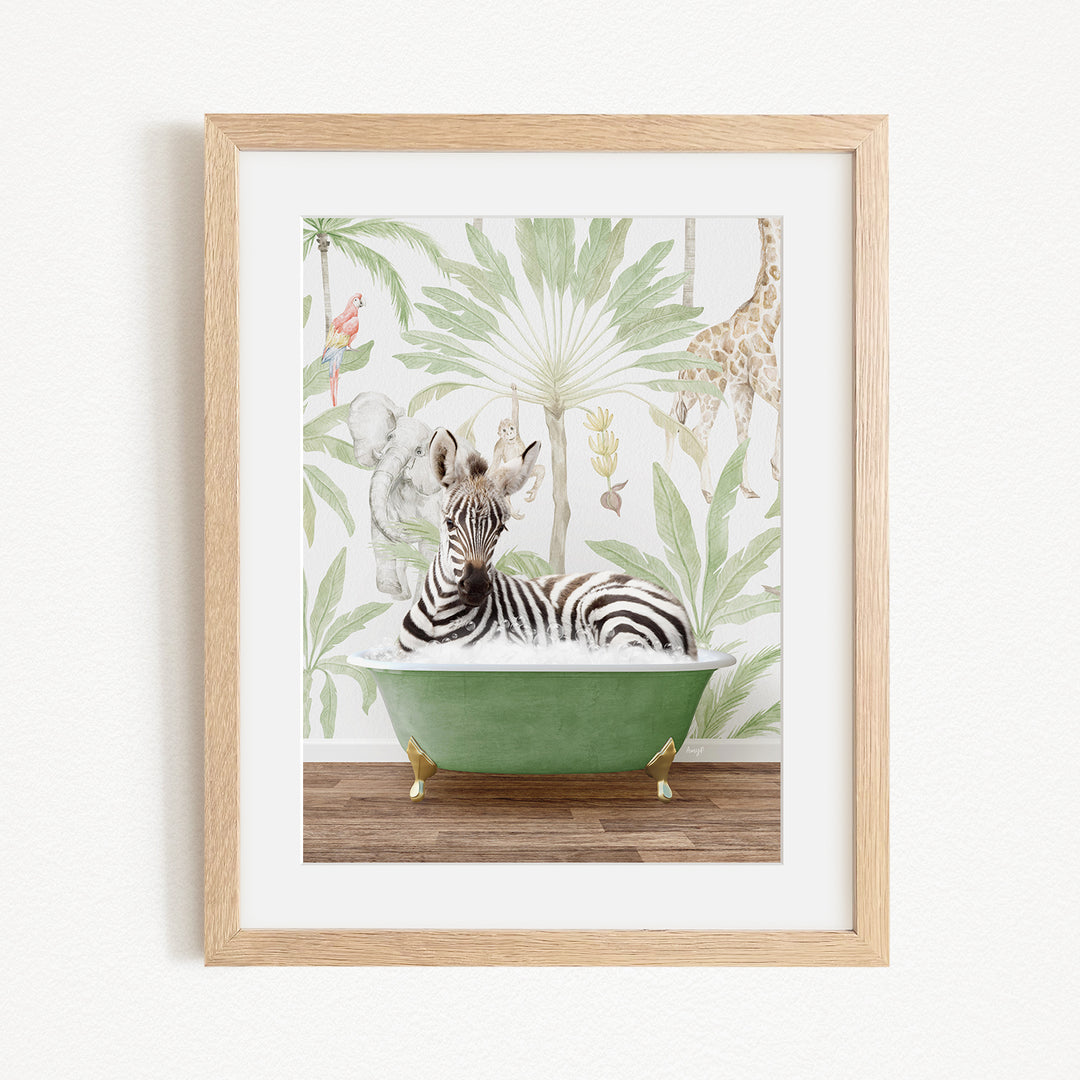 A zebra is sitting in a green bathtub, surrounded by a tropical jungle scene with palm trees, giraffes, and other animals.