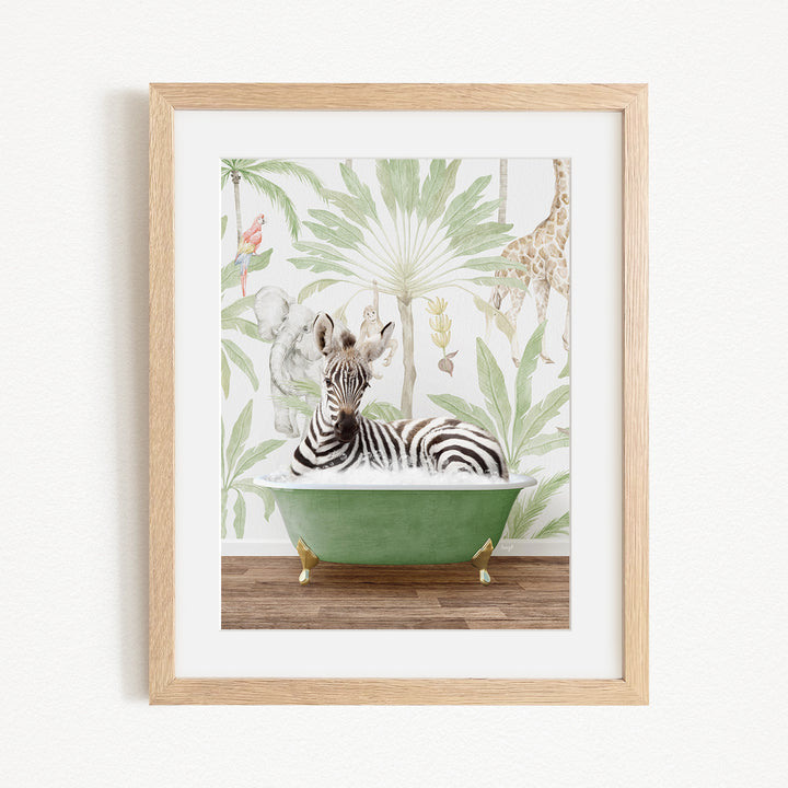 A zebra is sitting in a green bathtub, surrounded by a tropical jungle scene with palm trees, giraffes, and other animals.