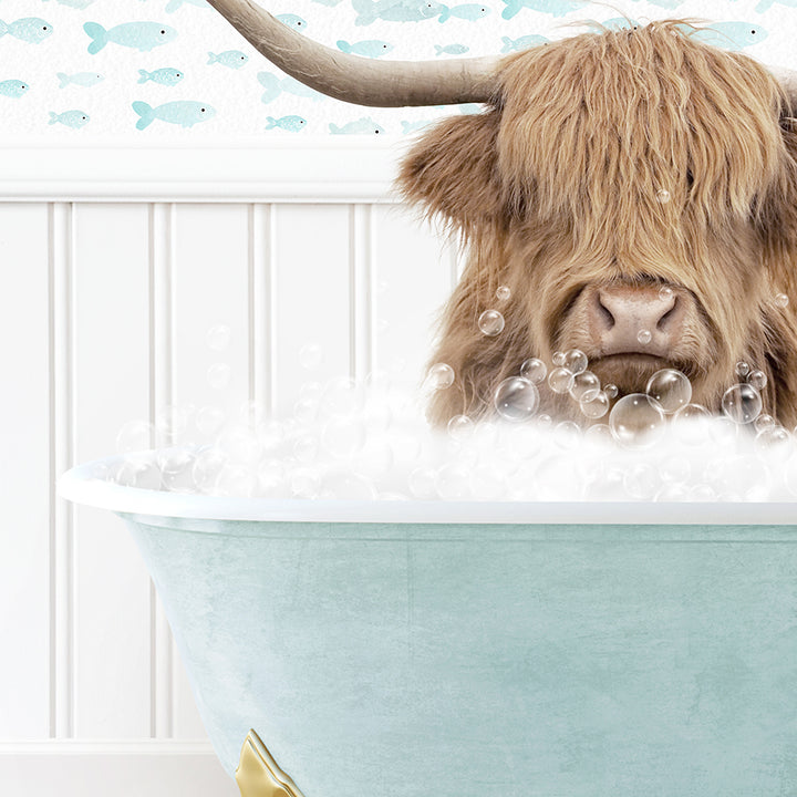 a hairy cow is sitting in a bathtub with bubbles