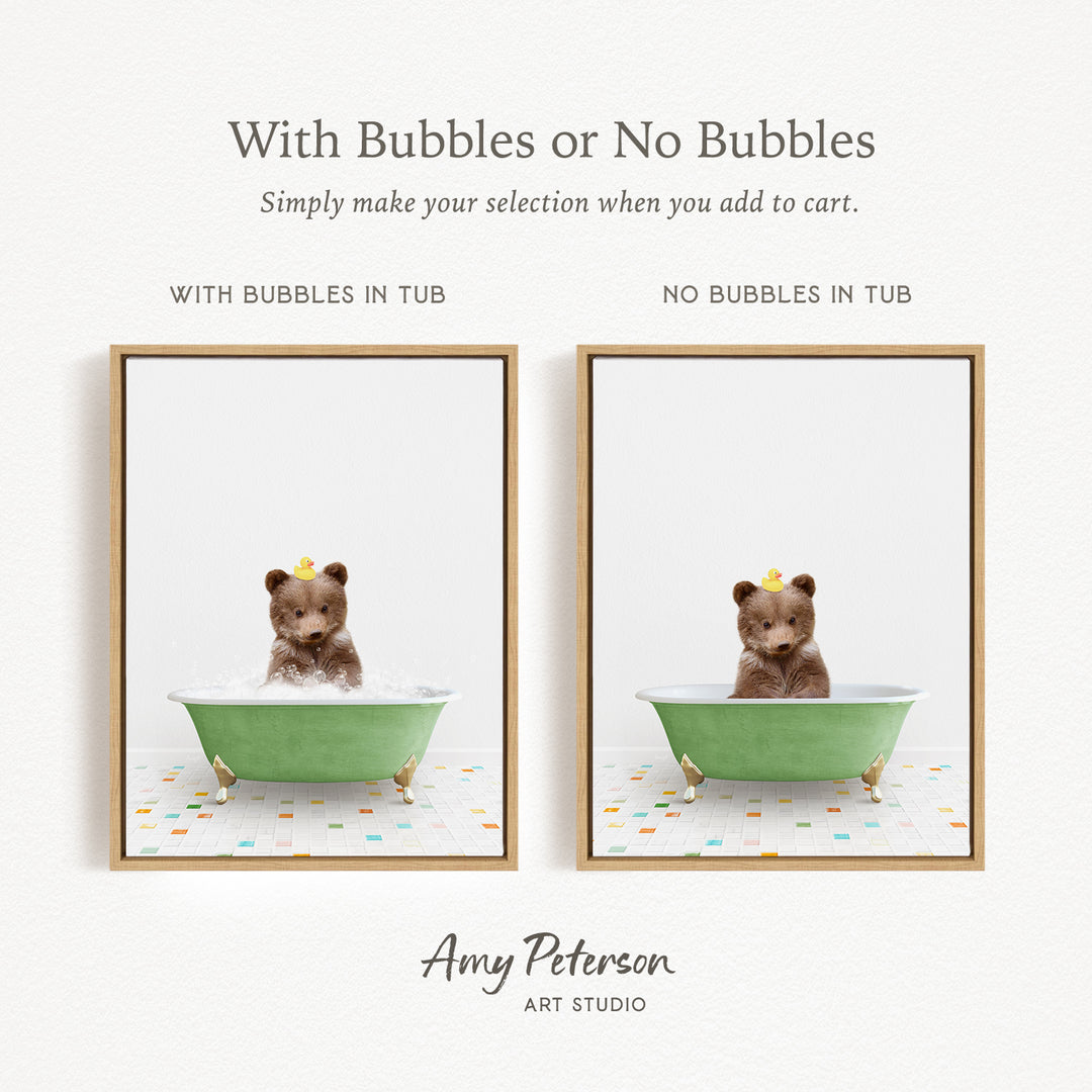 The image is a collage of two framed pictures, each featuring a teddy bear sitting in a bathtub. The text above the images reads "With Bubbles or No Bubbles" and below the images, it says "Simply make your selection when you add to cart."
