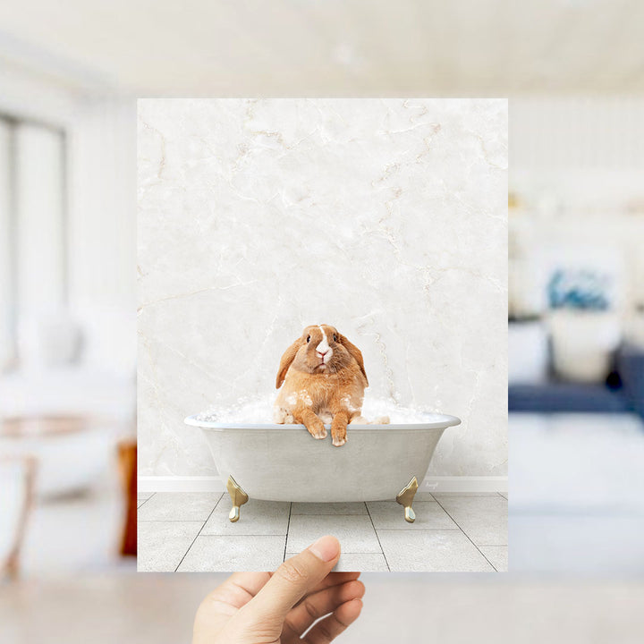 A hand holds up a framed image of a brown rabbit sitting in a bathtub filled with bubbles, looking up at the camera.