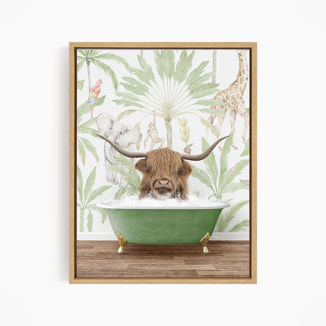 A framed illustration depicting a cow with long horns sitting in a green bathtub, surrounded by tropical foliage and animals.