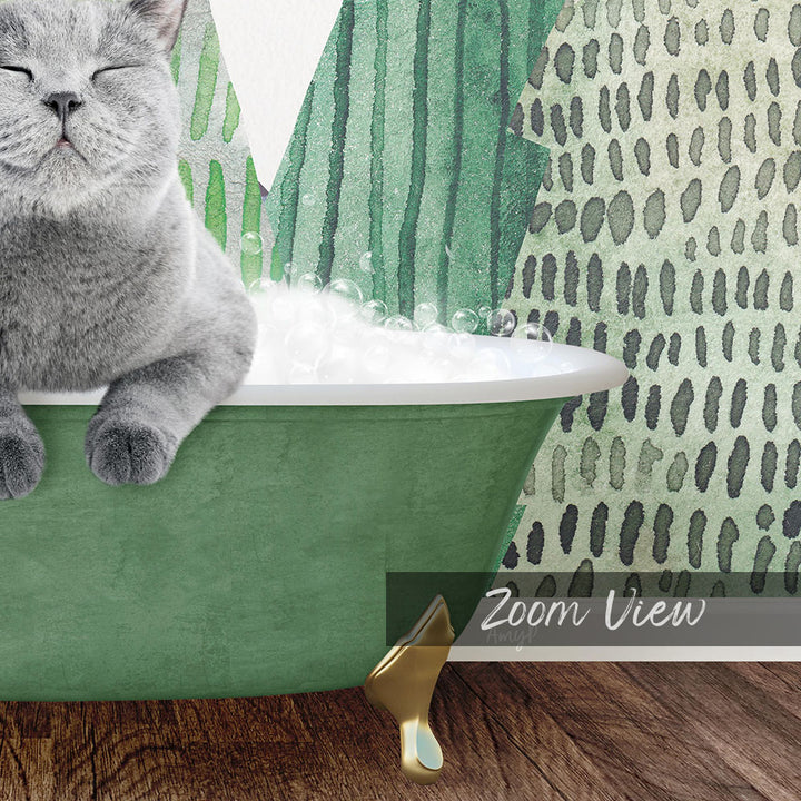 A gray cat sitting in a green bathtub filled with bubbles, with a patterned wall in the background.