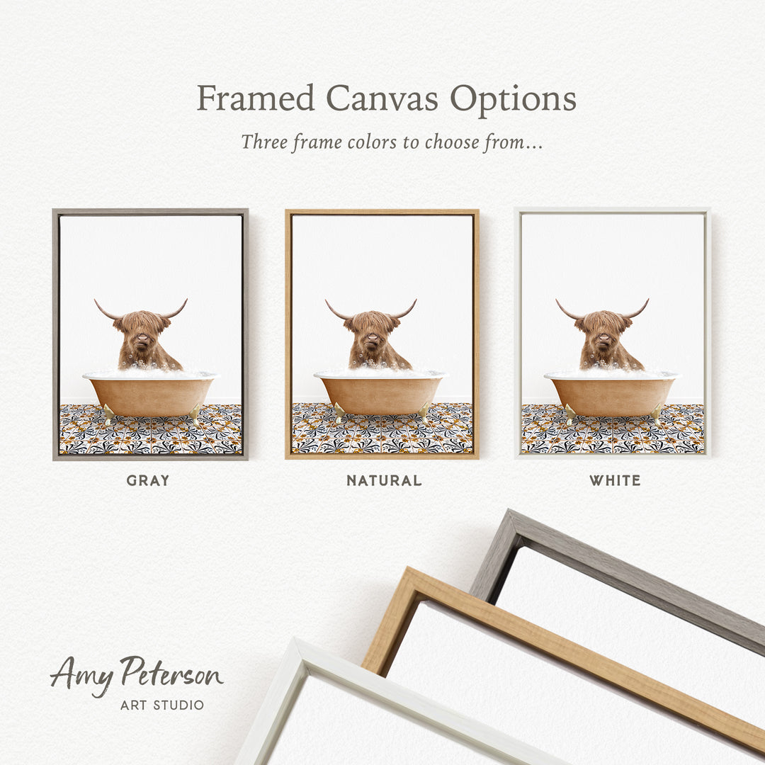 three framed canvas options, each featuring a picture of a brown cow with horns in a bowl. The options include a gray frame, a natural frame, and a white frame.