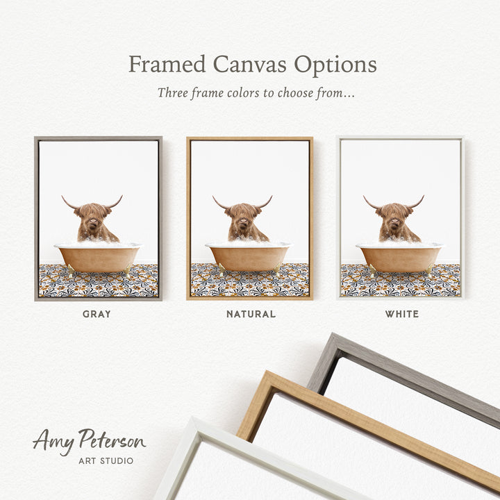 three framed canvas options, each featuring a picture of a brown cow with horns in a bowl. The options include a gray frame, a natural frame, and a white frame.