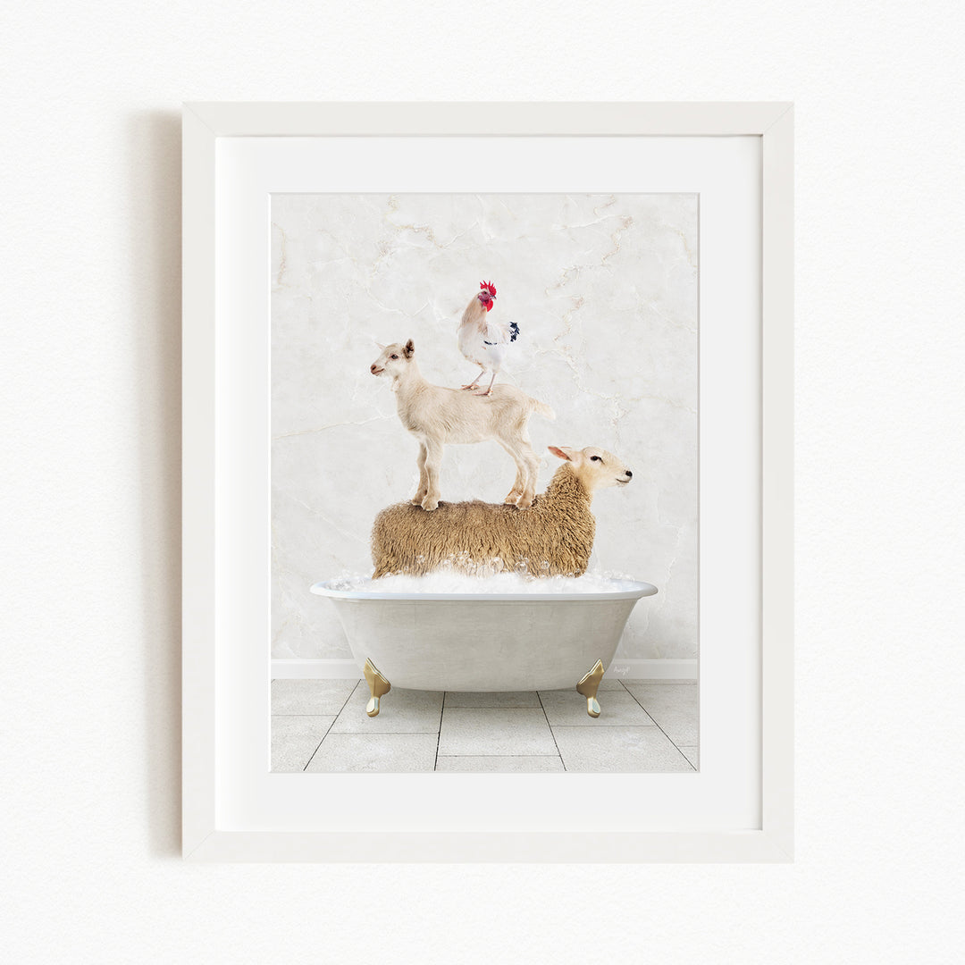 A framed image depicting a goat standing on top of a sheep in a bathtub, with a rooster perched on the sheep's back.