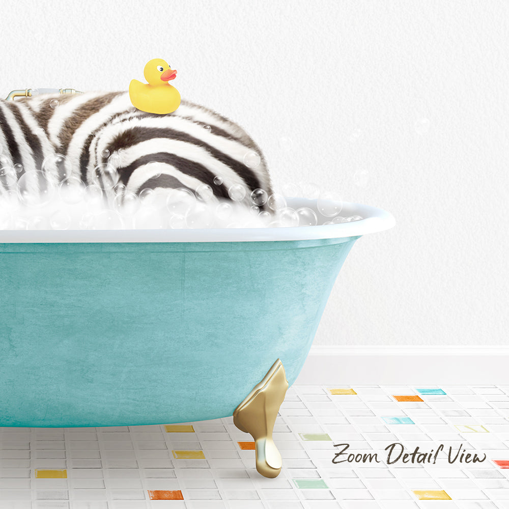 A zebra lying in a blue bathtub with bubbles, accompanied by a rubber duck.