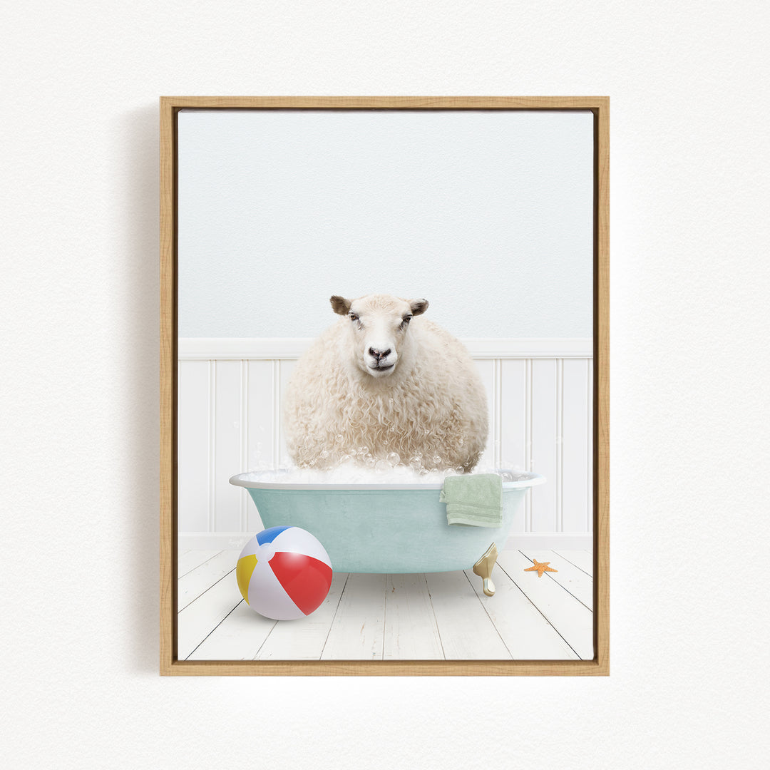 A fluffy white sheep sits in a blue bathtub, surrounded by a beach ball, towel, and starfish, creating a whimsical and playful scene.