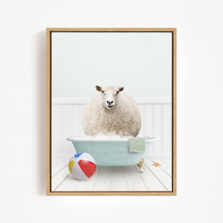 A fluffy white sheep sits in a blue bathtub, surrounded by a beach ball, towel, and starfish, creating a whimsical and playful scene.