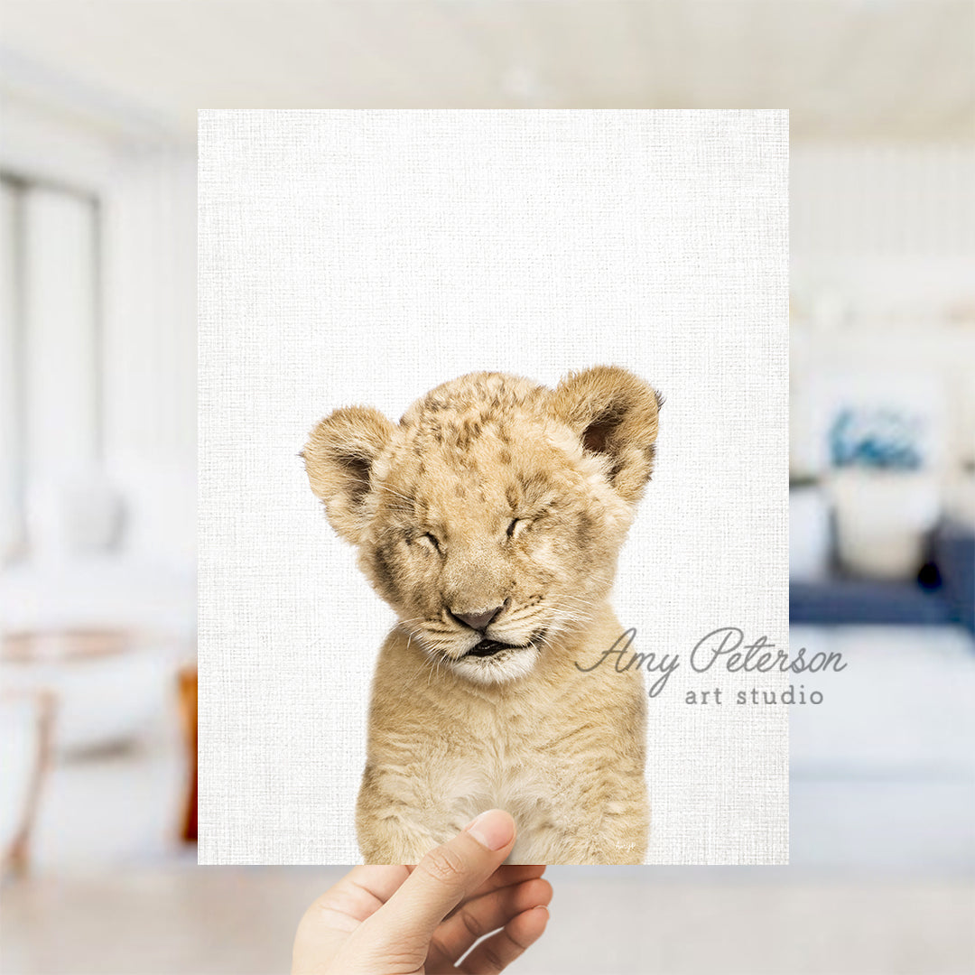 a hand holding up a picture of a baby lion