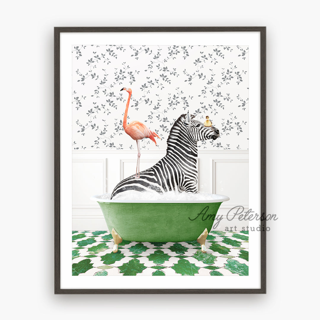 a picture of a zebra and a flamingo in a bathtub