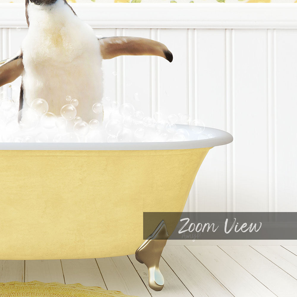 A penguin standing in a yellow bathtub filled with bubbles, with the text "Zoom View" displayed below the image.