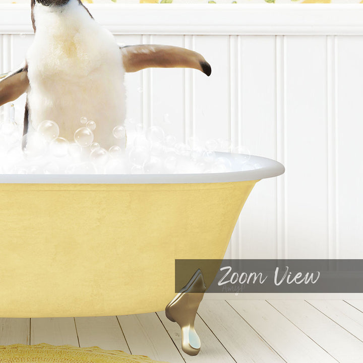 A penguin standing in a yellow bathtub filled with bubbles, with the text "Zoom View" displayed below the image.