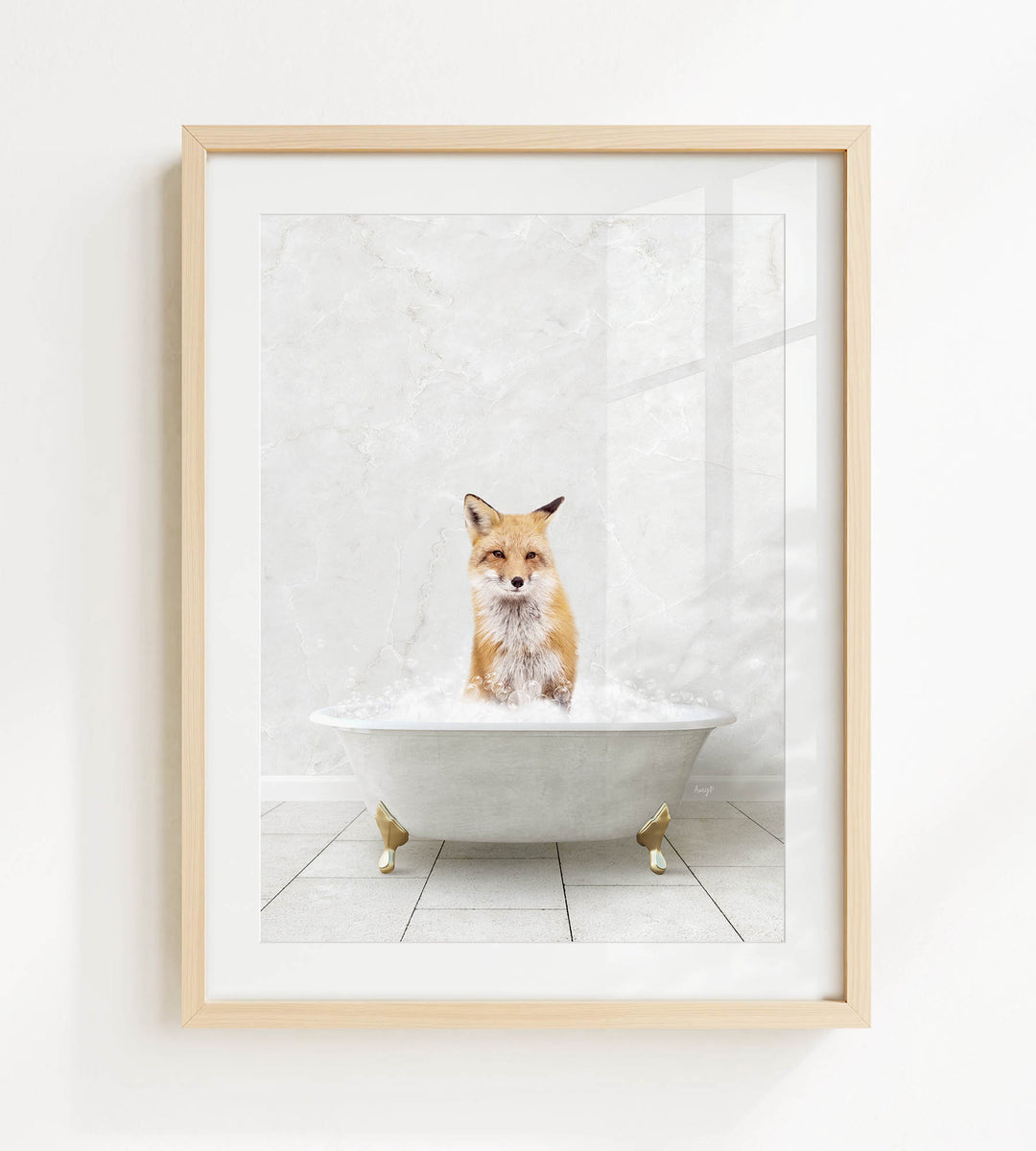 A fox is sitting in a white bathtub filled with bubbles, looking directly at the camera.