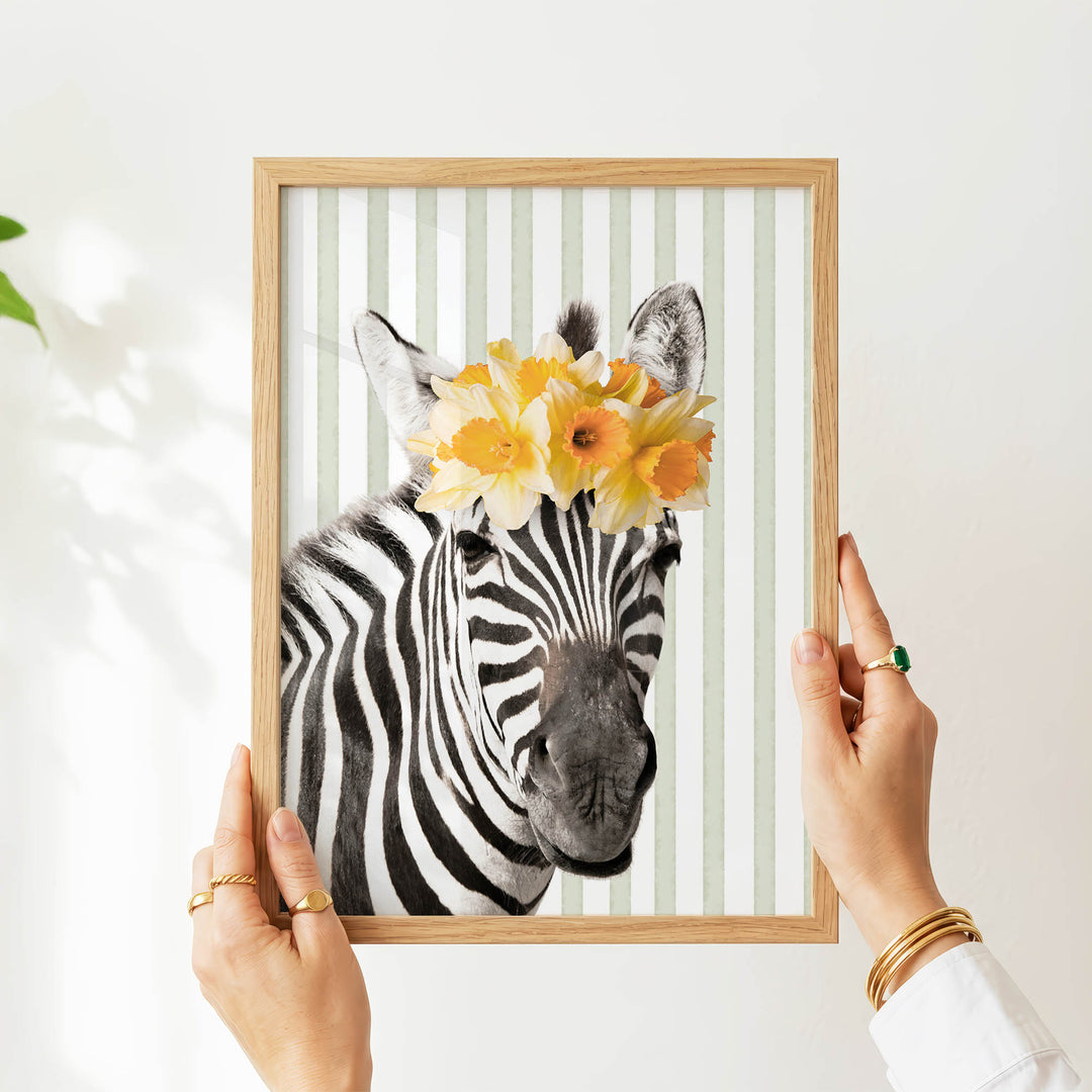 A person's hands are holding a framed picture of a zebra with a yellow flower crown on its head.