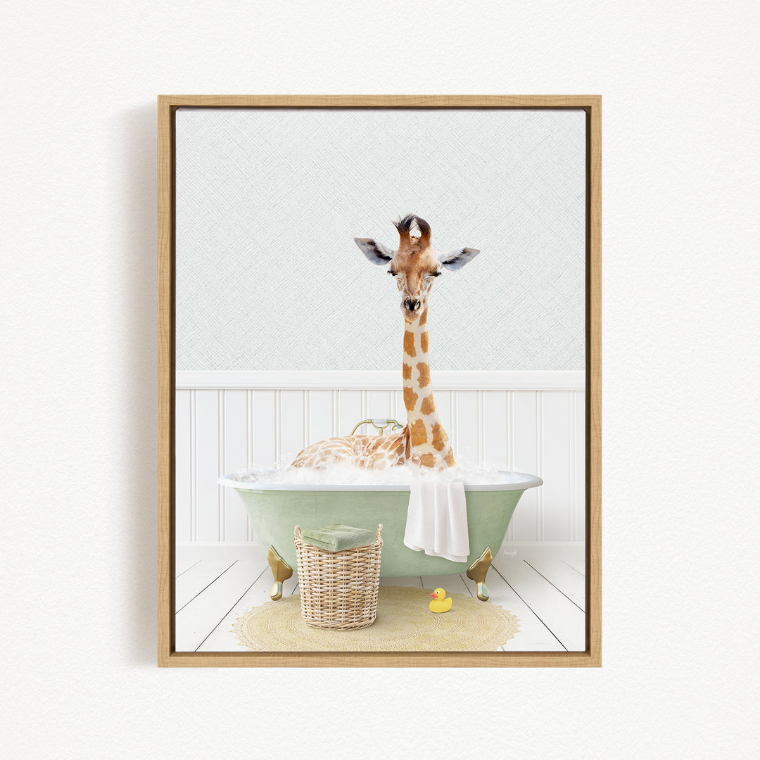 A giraffe is sitting in a green bathtub filled with water, surrounded by rubber ducks and a basket.