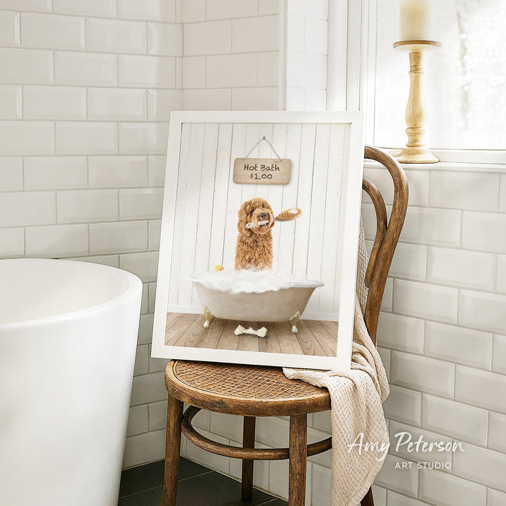 A framed image of a dog sitting in a bathtub, with a sign above it that says "Hot Bath $1.00".