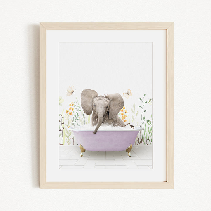 A gray elephant is sitting in a purple bathtub filled with water, surrounded by flowers and butterflies.