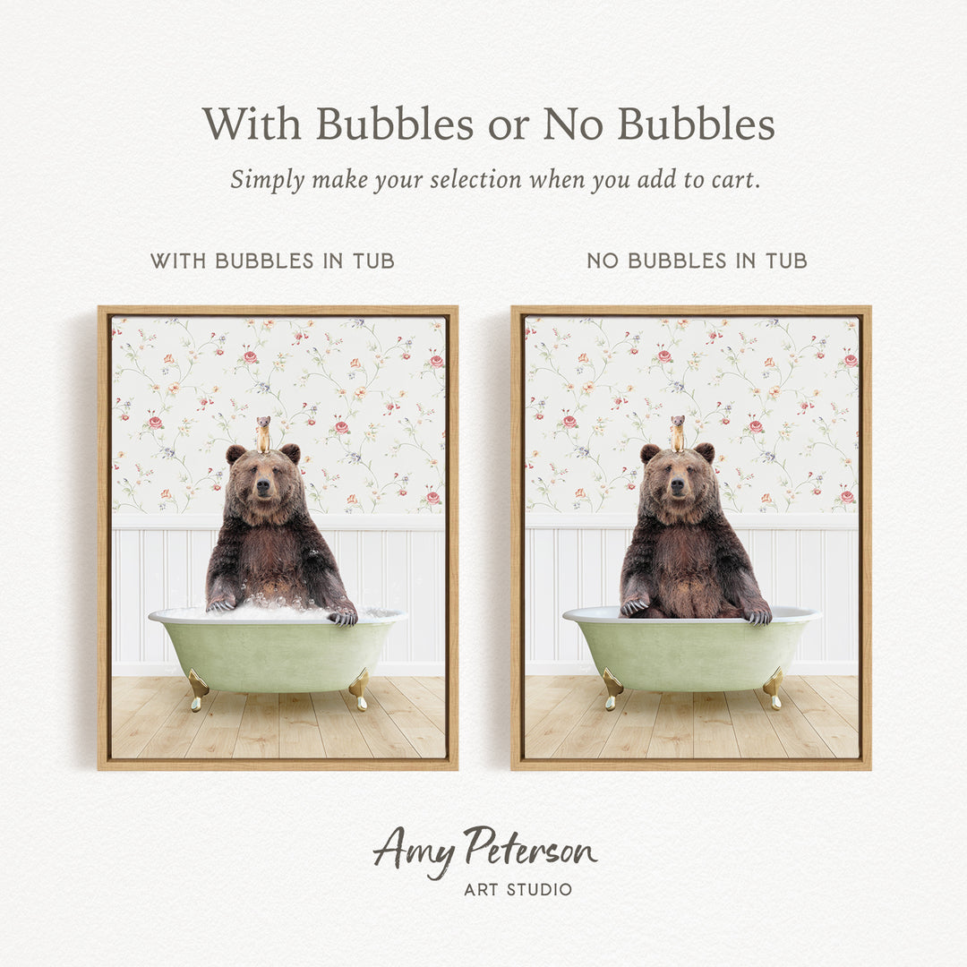 The image is a collage of two pictures featuring a bear sitting in a bathtub. The bear is wearing a crown and appears to be enjoying a bath. The text above the images reads "With Bubbles or No Bubbles" and below the images, it says "Simply make your selection when you add to cart."