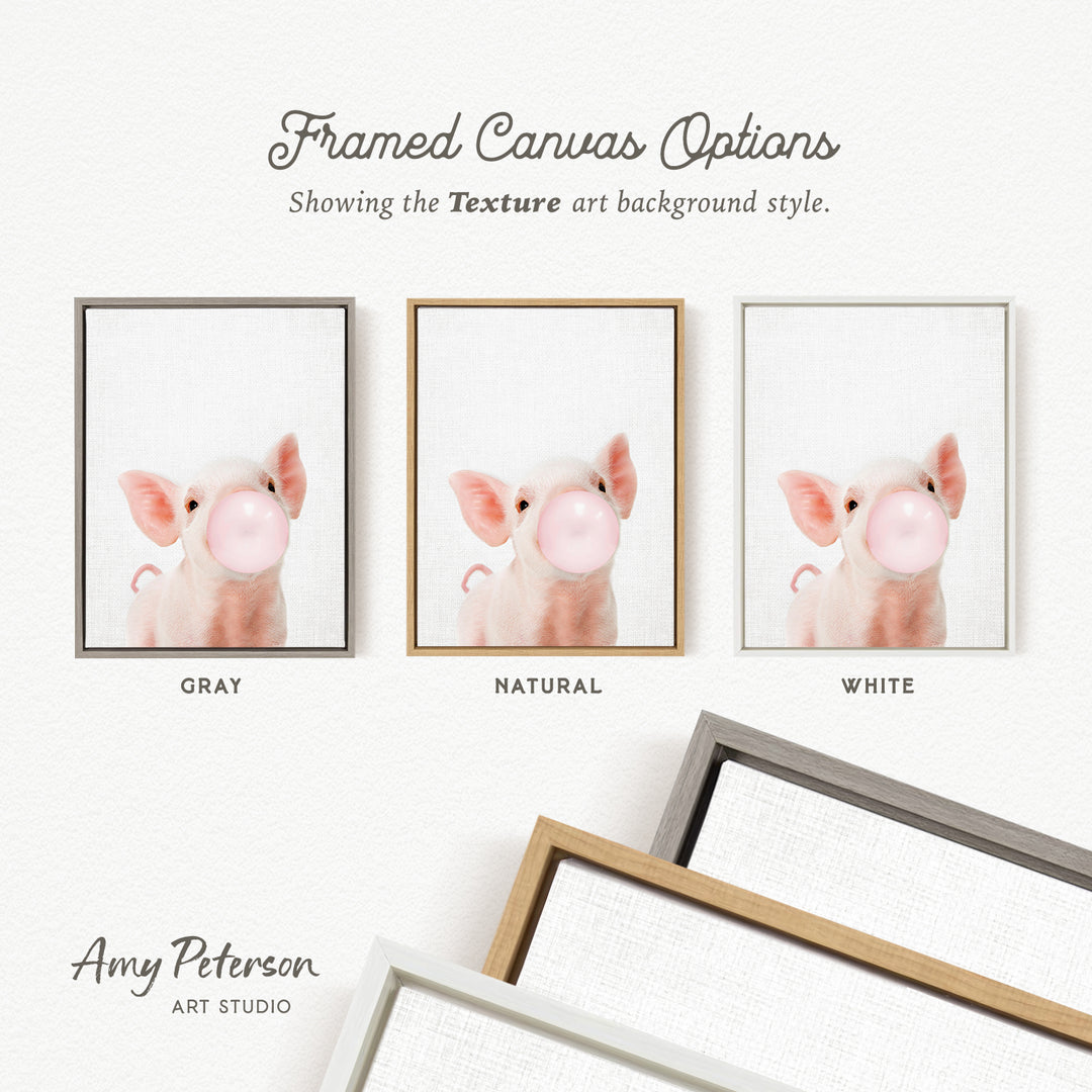 three framed canvas options, each featuring a close-up of a pig blowing a bubble with a pink bubblegum bubble. The options are labeled "GRAY", "NATURAL", and "WHITE".