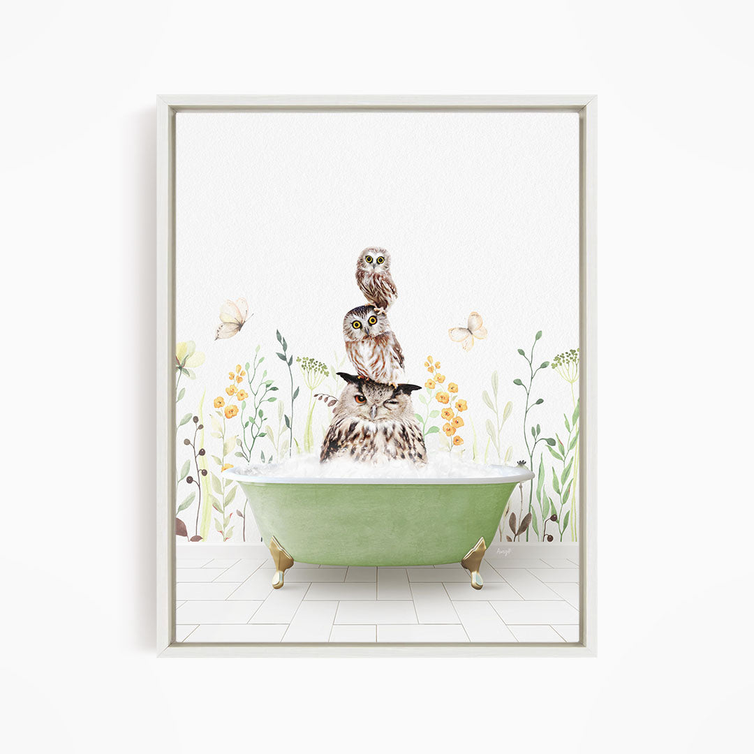 A framed illustration depicting a group of owls sitting in a green bathtub, surrounded by flowers and butterflies.