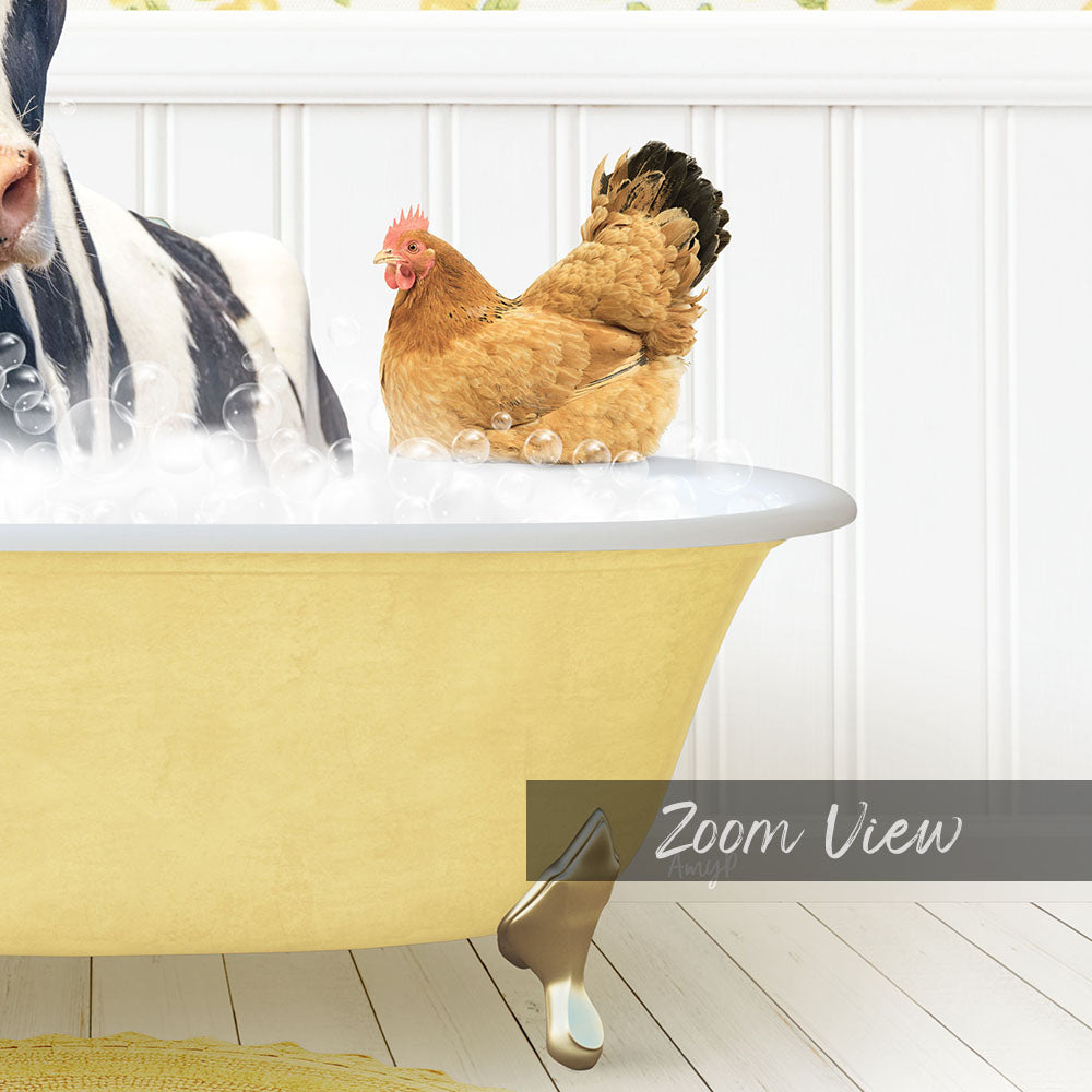 A yellow bathtub filled with bubbles, with a chicken sitting inside and a dog standing nearby.
