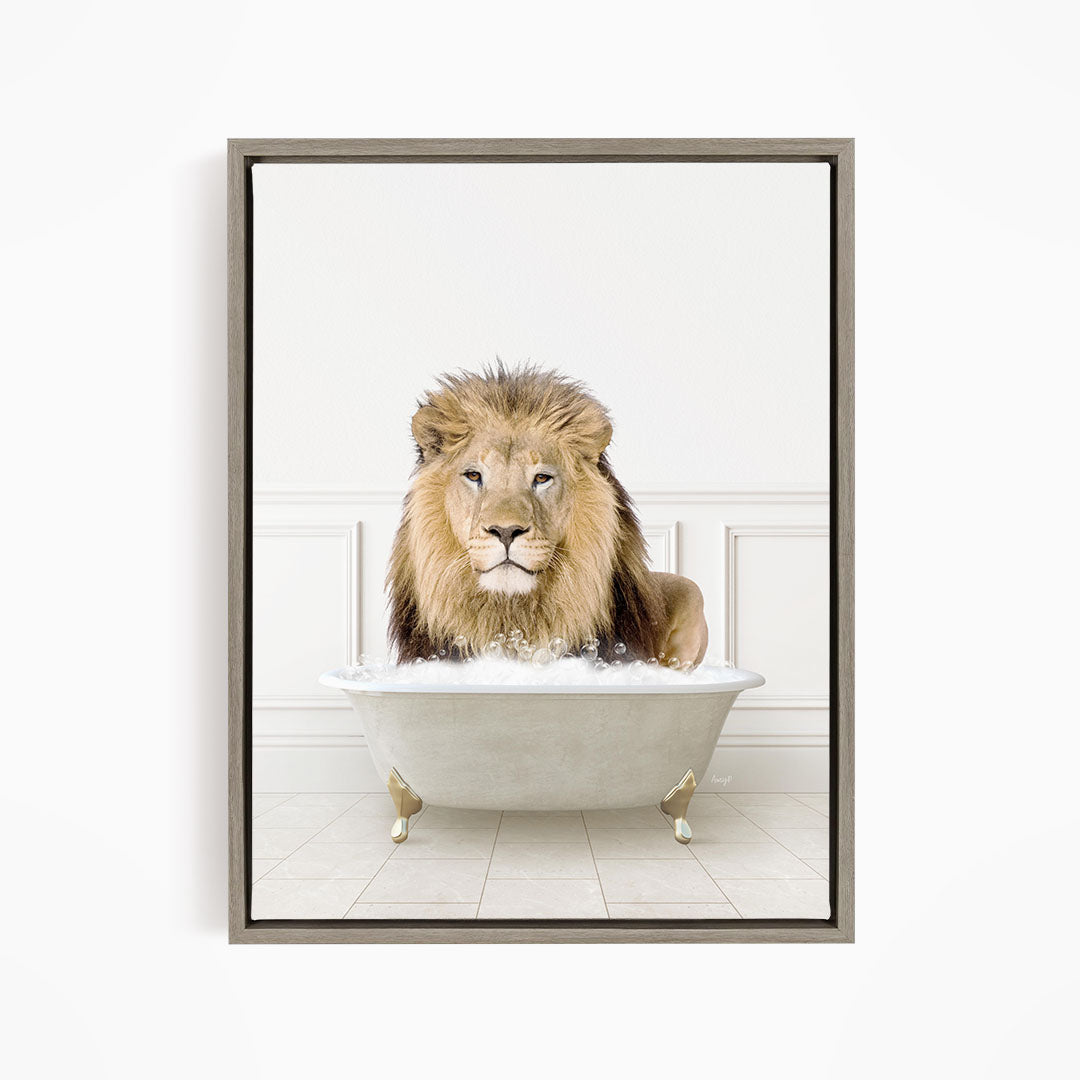 A lion sitting in a bathtub filled with water, appearing to be enjoying the bath.