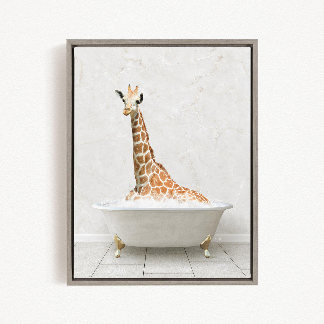 A giraffe sitting in a white bathtub filled with bubbles, creating a whimsical and playful scene.