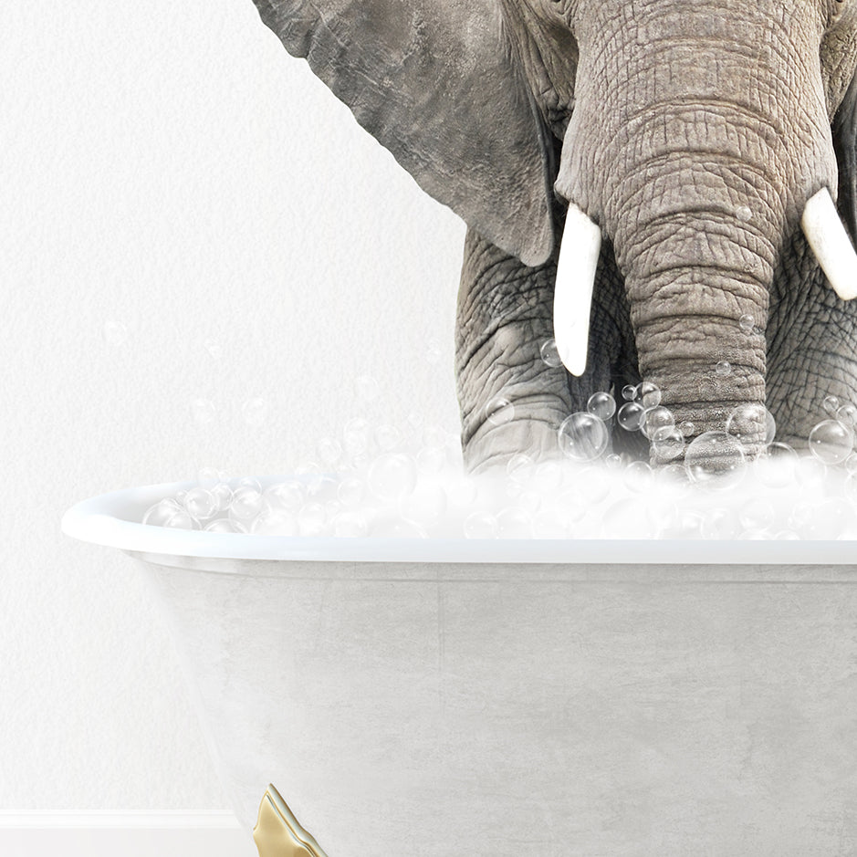 an elephant is taking a bath in a bathtub