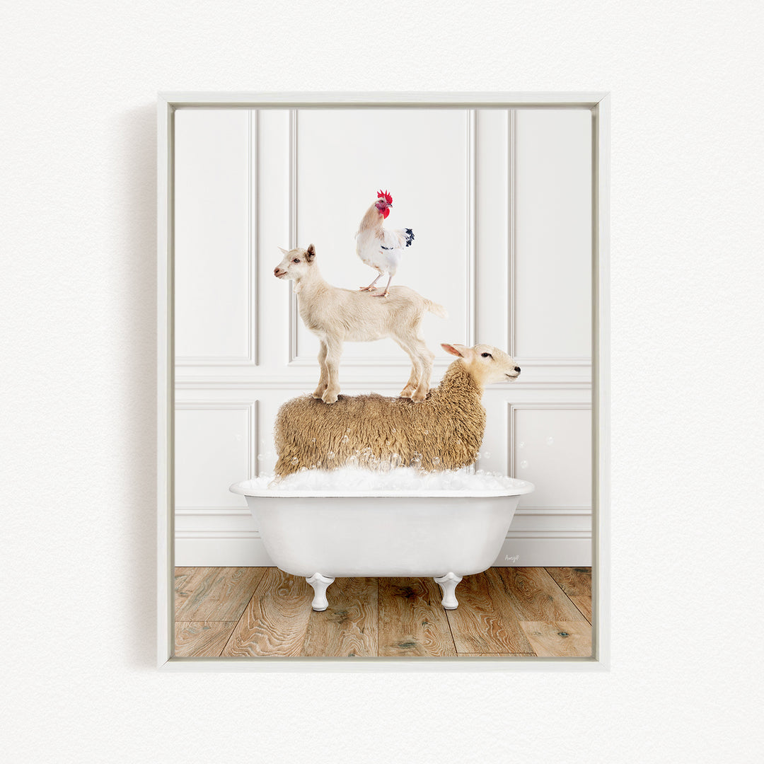 A white bathtub filled with water, with a goat standing on top of it and a chicken perched on its back.