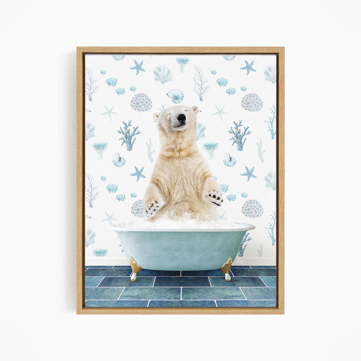 A polar bear sitting in a bathtub filled with water, surrounded by various marine life and starfish patterns.