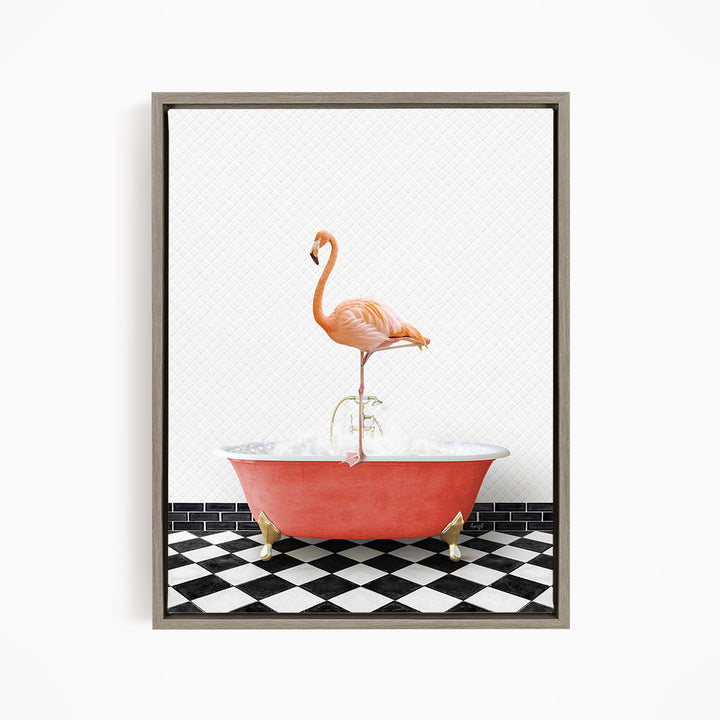 A pink flamingo stands on the rim of a red bathtub, surrounded by a black and white checkered floor.
