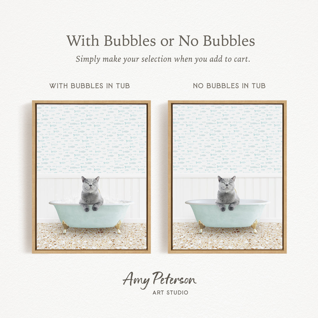 The image is a collage of two pictures, each featuring a cat sitting in a bathtub. The cat appears to be gray and is sitting on the edge of the bathtub. The text above the images reads "With Bubbles or No Bubbles" and below the images, it says "Simply make your selection when you add to cart."