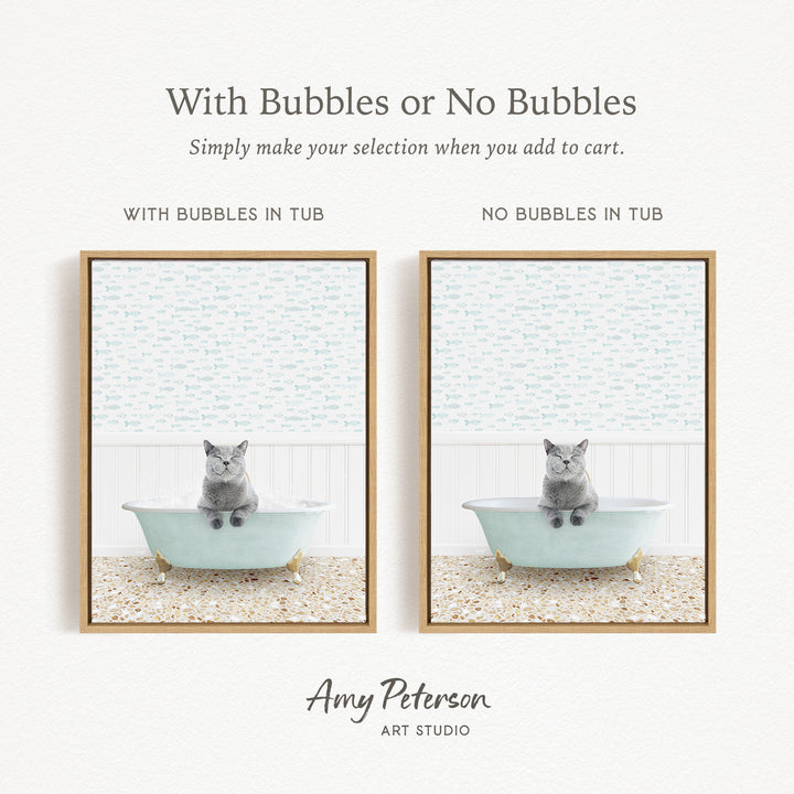 The image is a collage of two pictures, each featuring a cat sitting in a bathtub. The cat appears to be gray and is sitting on the edge of the bathtub. The text above the images reads "With Bubbles or No Bubbles" and below the images, it says "Simply make your selection when you add to cart."