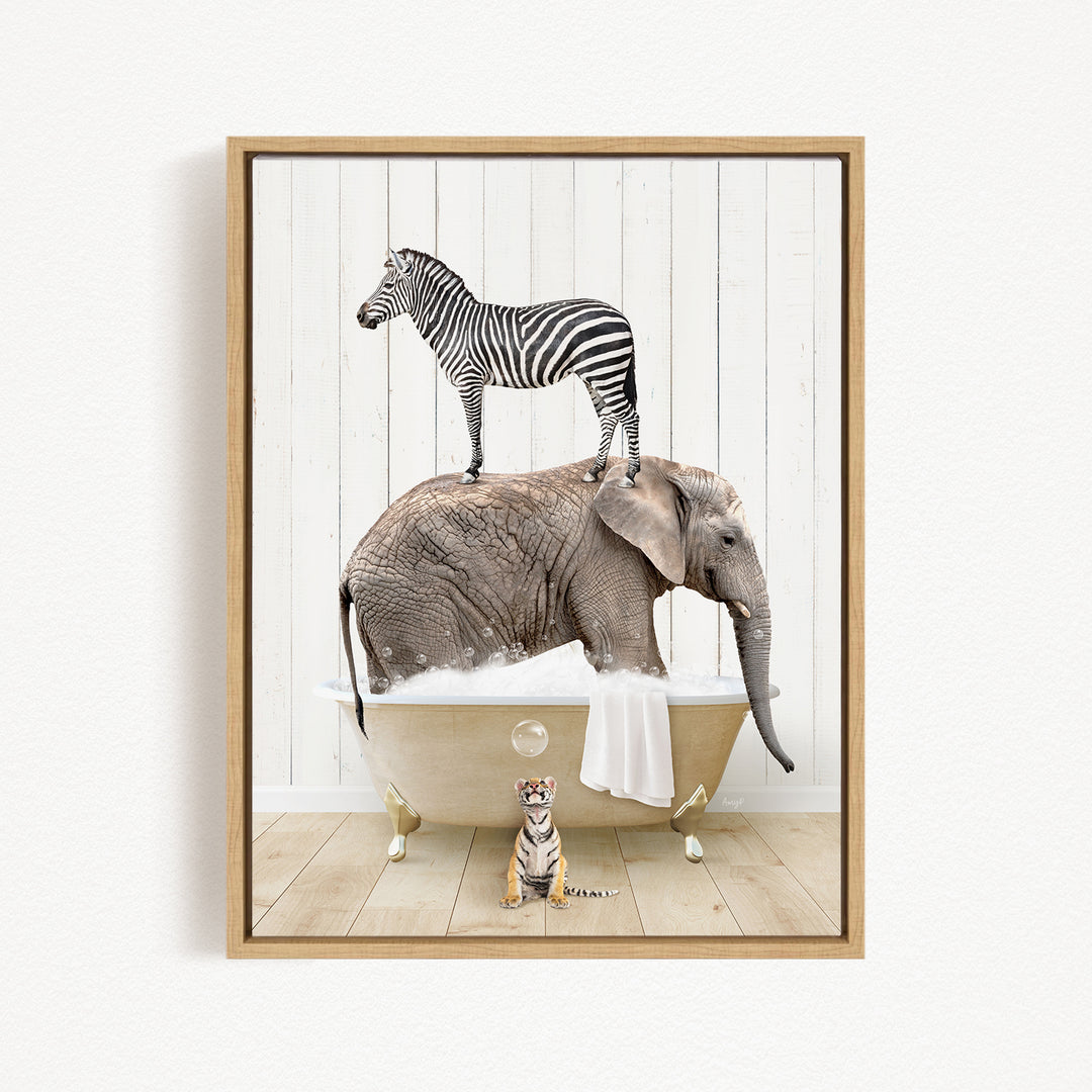 A zebra stands on the back of an elephant, which is sitting in a bathtub, with a tiger standing nearby.