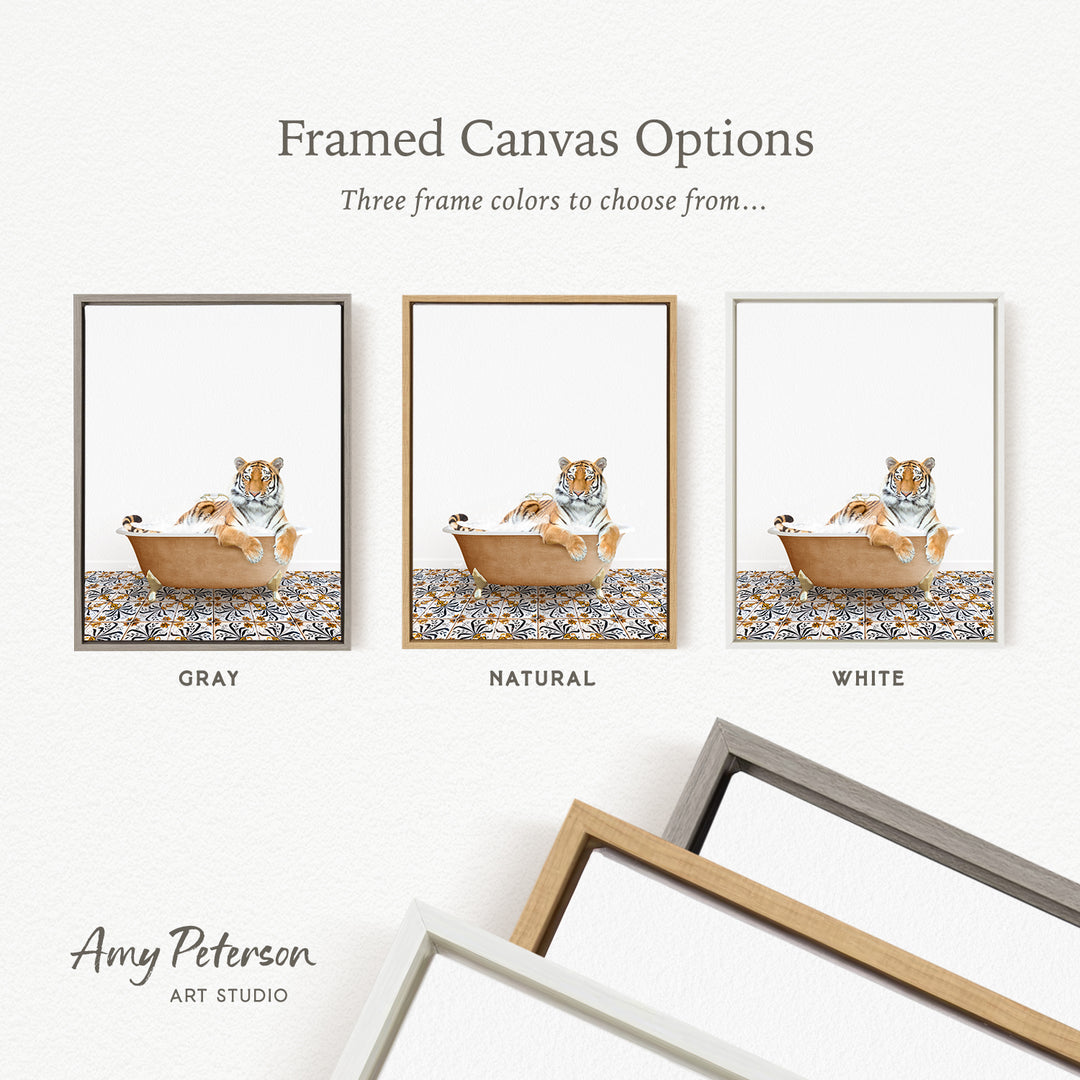 three framed canvas options, each featuring a tiger sitting in a bathtub. The options include a gray frame, a natural frame, and a white frame.