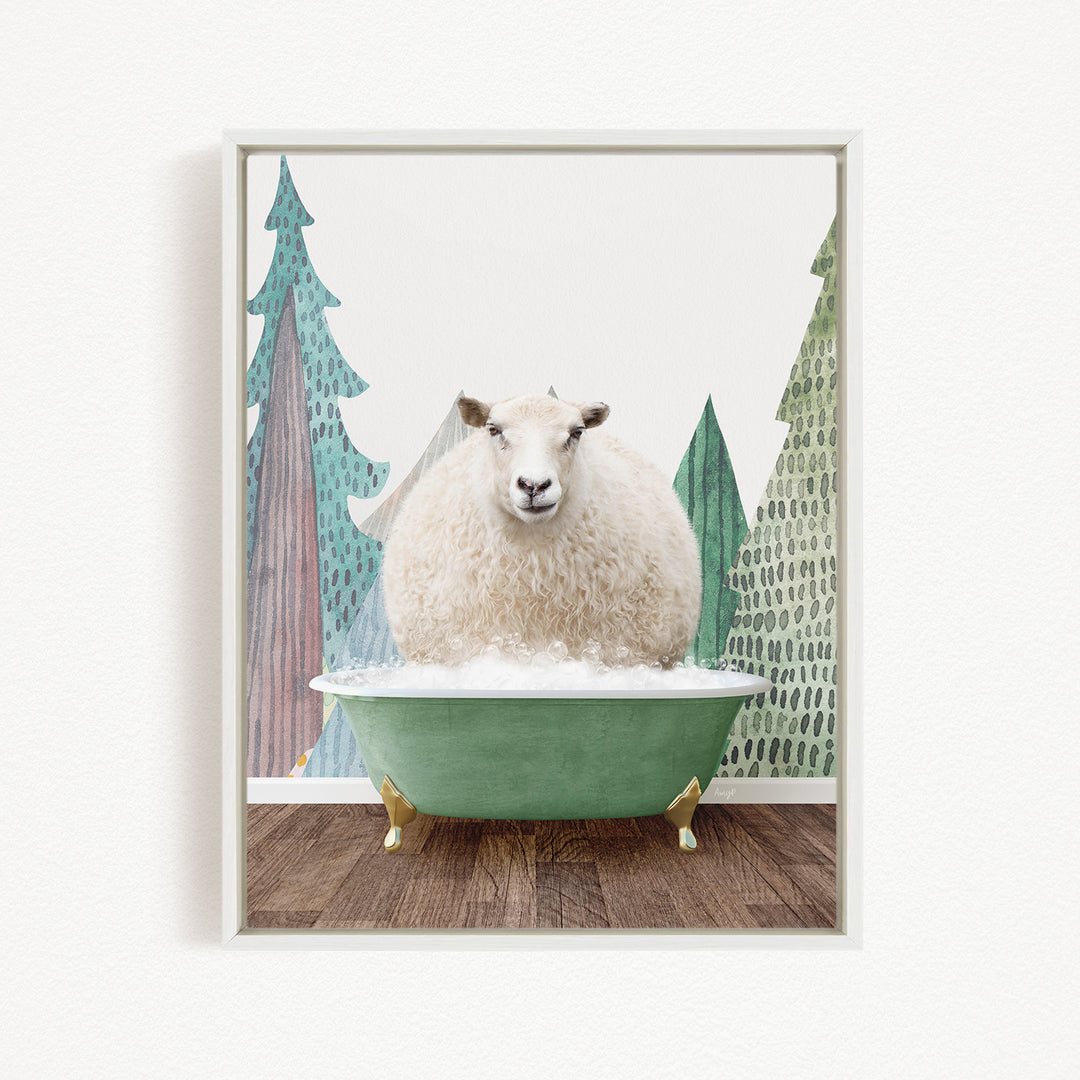 A fluffy white sheep sits in a green bathtub, surrounded by a forest scene with trees and a snowy landscape.