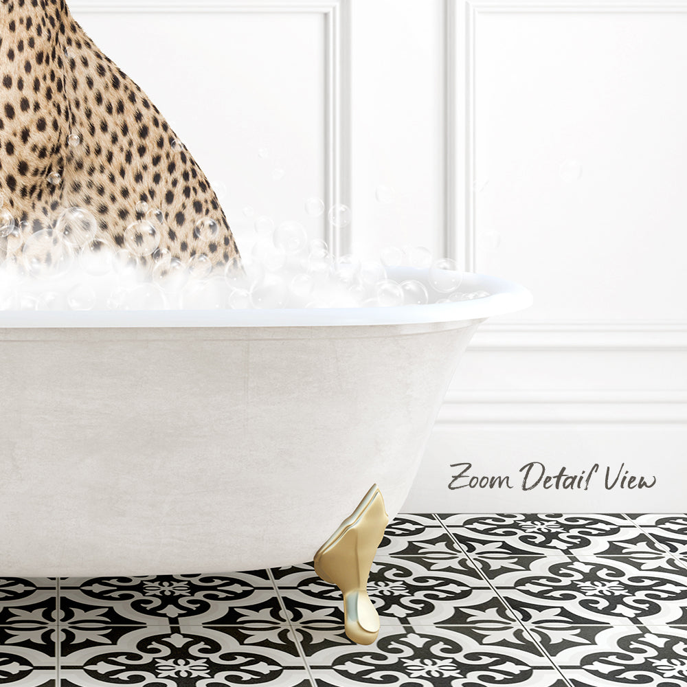 A leopard print bath mat is placed on a black and white tiled floor, with a white bathtub filled with bubbles.