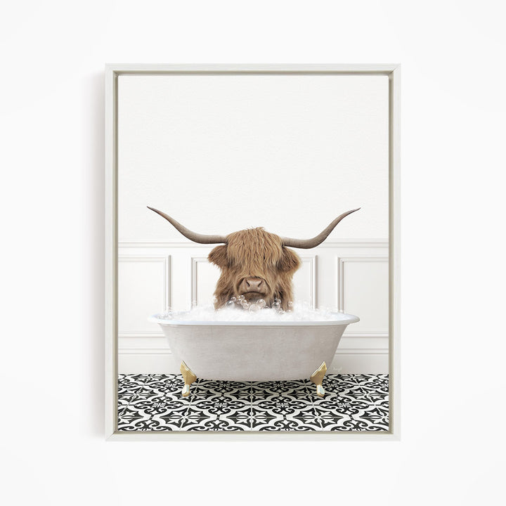 A brown cow with large horns is sitting in a white bathtub filled with water, creating a whimsical and humorous scene.