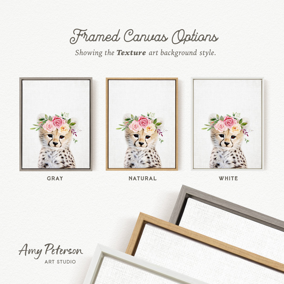 framed canvas options for a cheetah with a floral wreath on its head, showcasing different color backgrounds and frame styles.