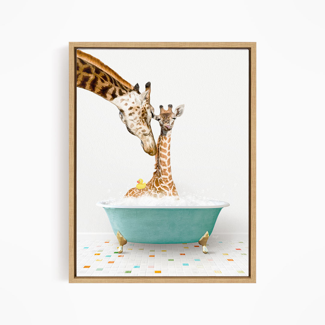 A mother giraffe and her baby giraffe are enjoying a bath together in a blue tub, surrounded by colorful tiles on the floor.